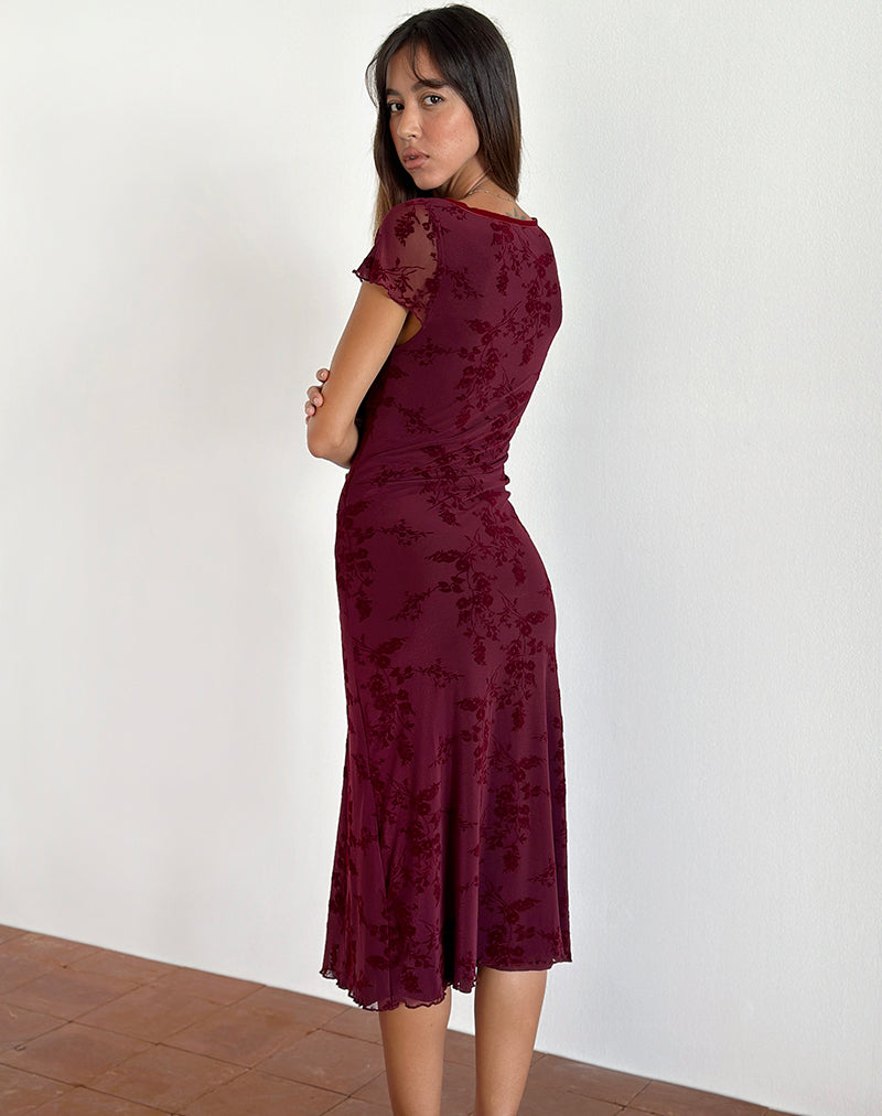 Botanical Flower Maroon Red Midi Dress