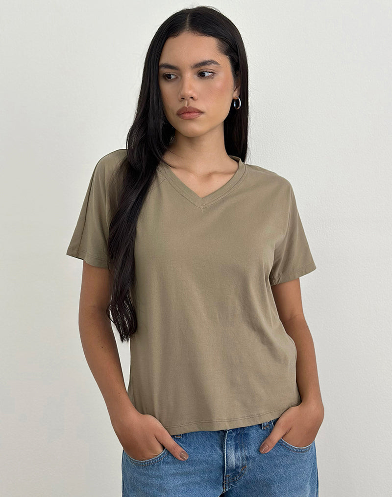 Khaki Green Short Sleeve V-neck Basic Tee | Viman – motelrocks-com-us