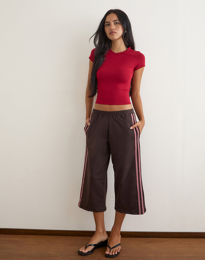 Bitter Chocolate Capri Trousers with Rose Pink Stripes | Wamino