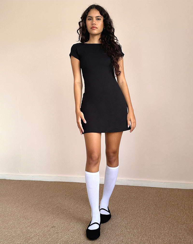 black lycra mini dress Mini Dress Poly Lycra Short Sleeves Bodycon Plunge Round Neck theshimmerhouse