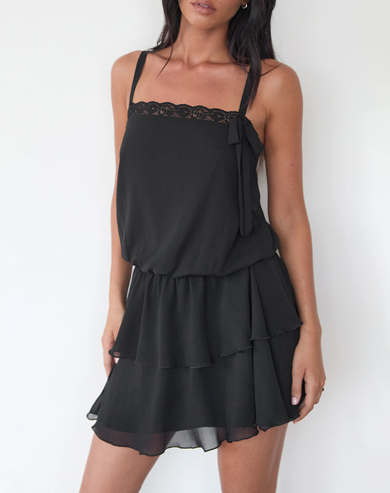 chinese dress ladies Wasinah Mini Dress in Black Chiffon with Lace Trim , Zip Up