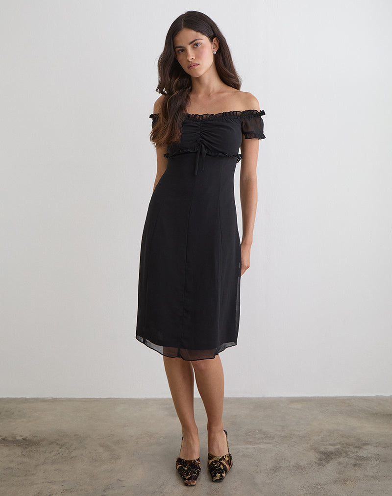 Watimu Midi Dress in Chiffon Black , Zip Up