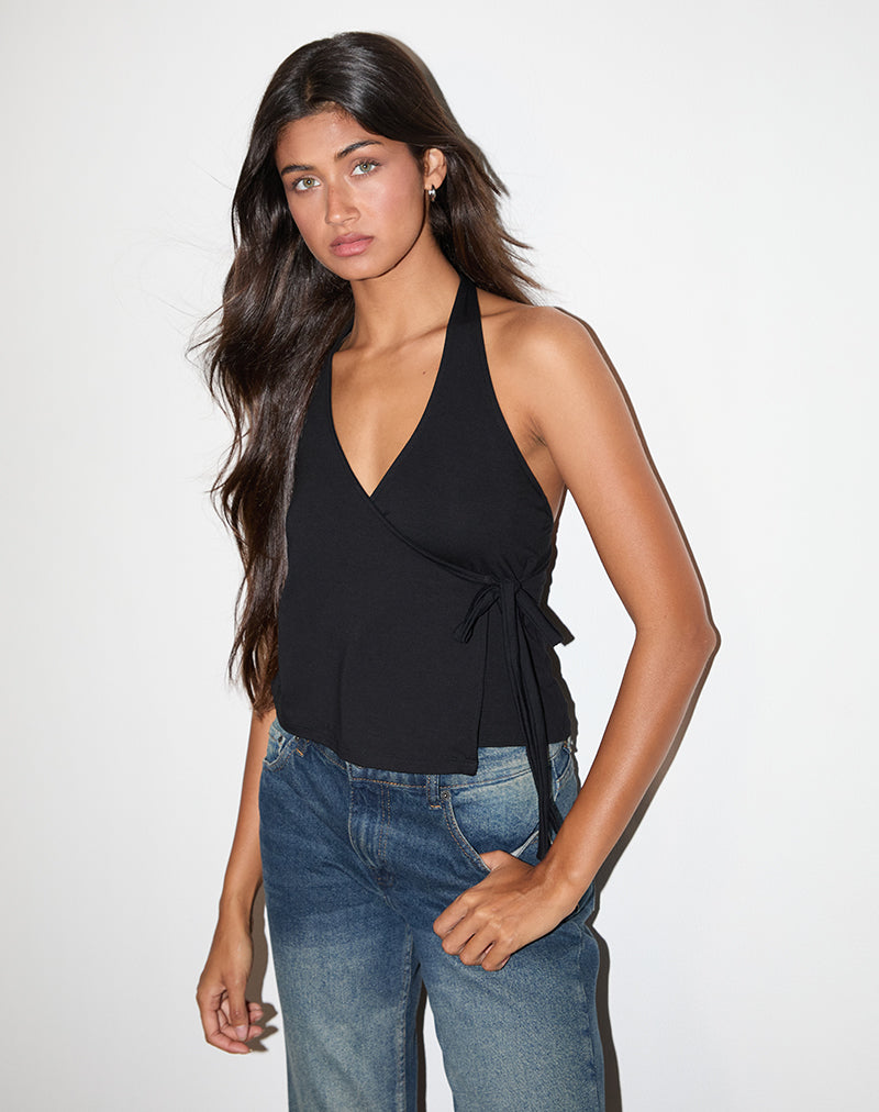 Black Jersey Halter Neck Wrap Top | Wisty – motelrocks-com-us