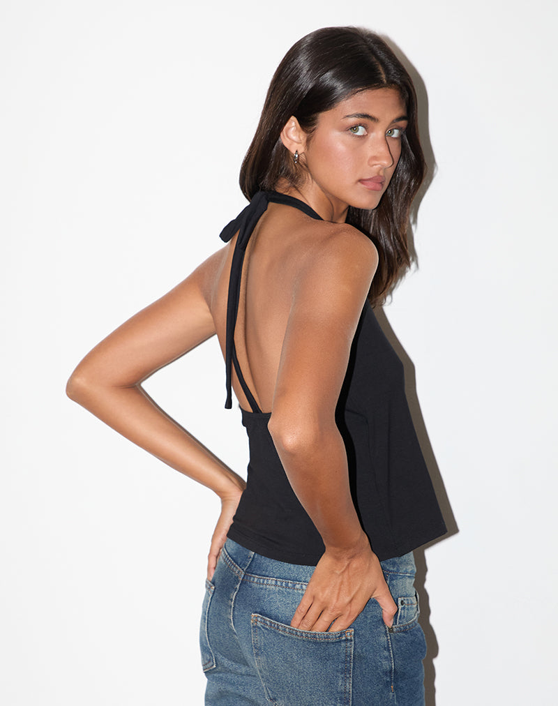 【HI FI FNK】Satin Striped Warmer Pola Top Black Jersey Halter Neck Wrap Top | Wisty – motelrocks-com-us