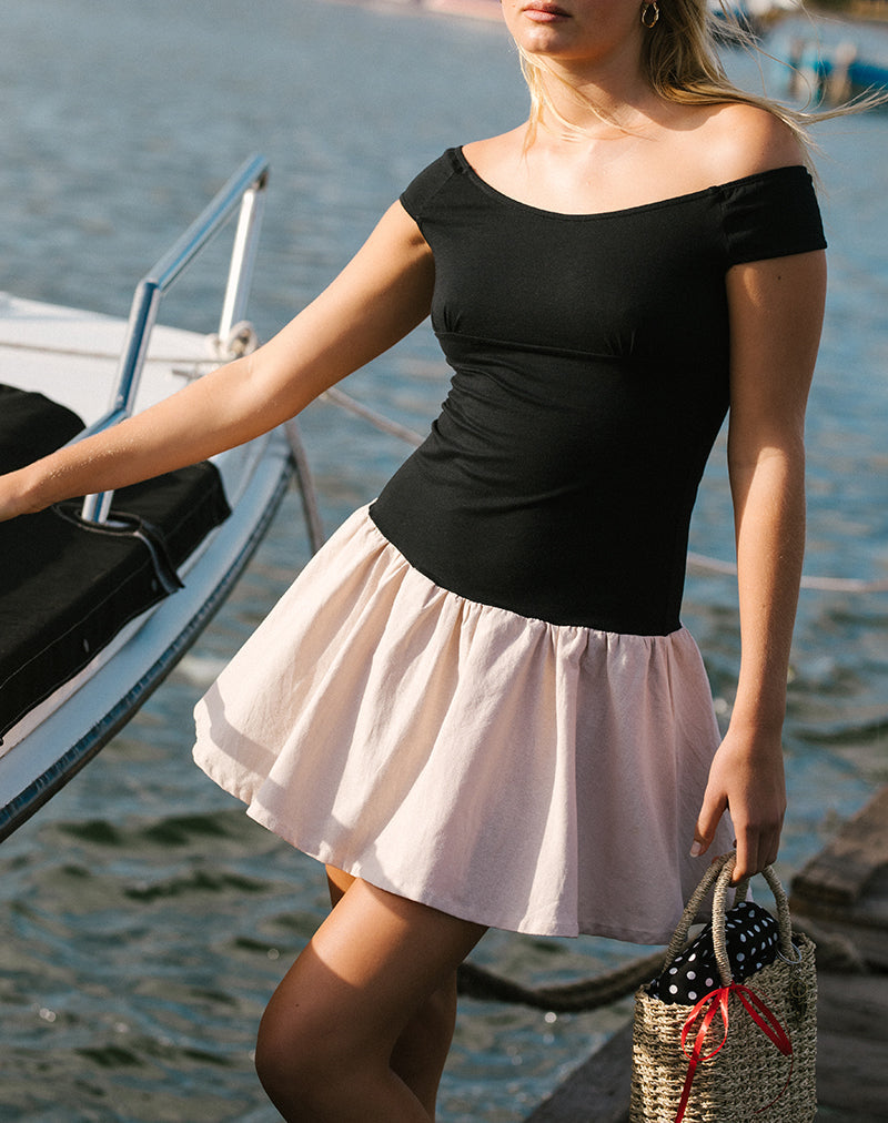 mini dress skort Motel yael off-shoulder mini dress in Black and ecru