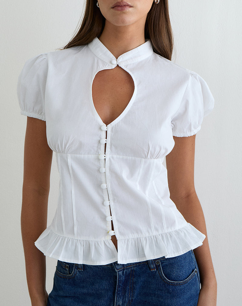 Motel Rocks Yamila Puff Sleeve Keyhole Blouse in White