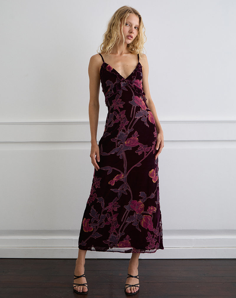 Yamira Maxi Dress in Floral Devore Burgundy , Frill