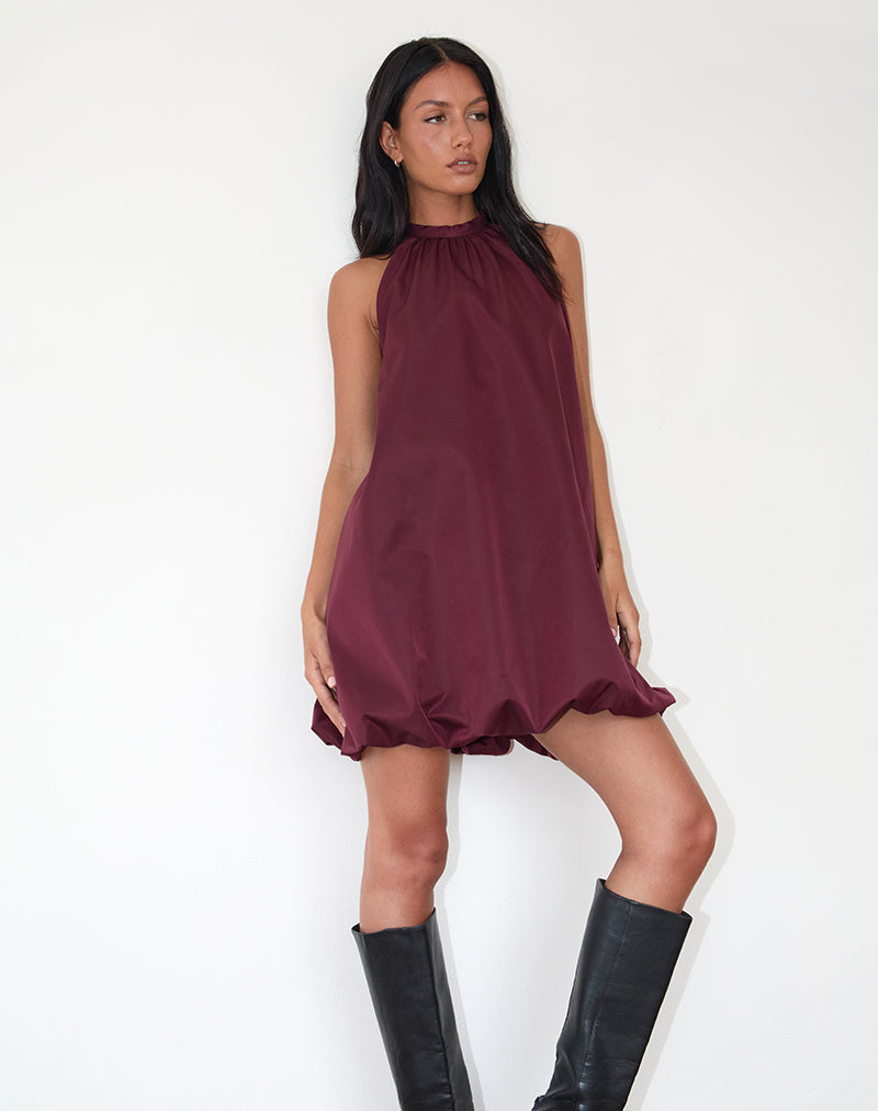 Yusna Puffball Mini Dress in Dark Berry , Halter Neck