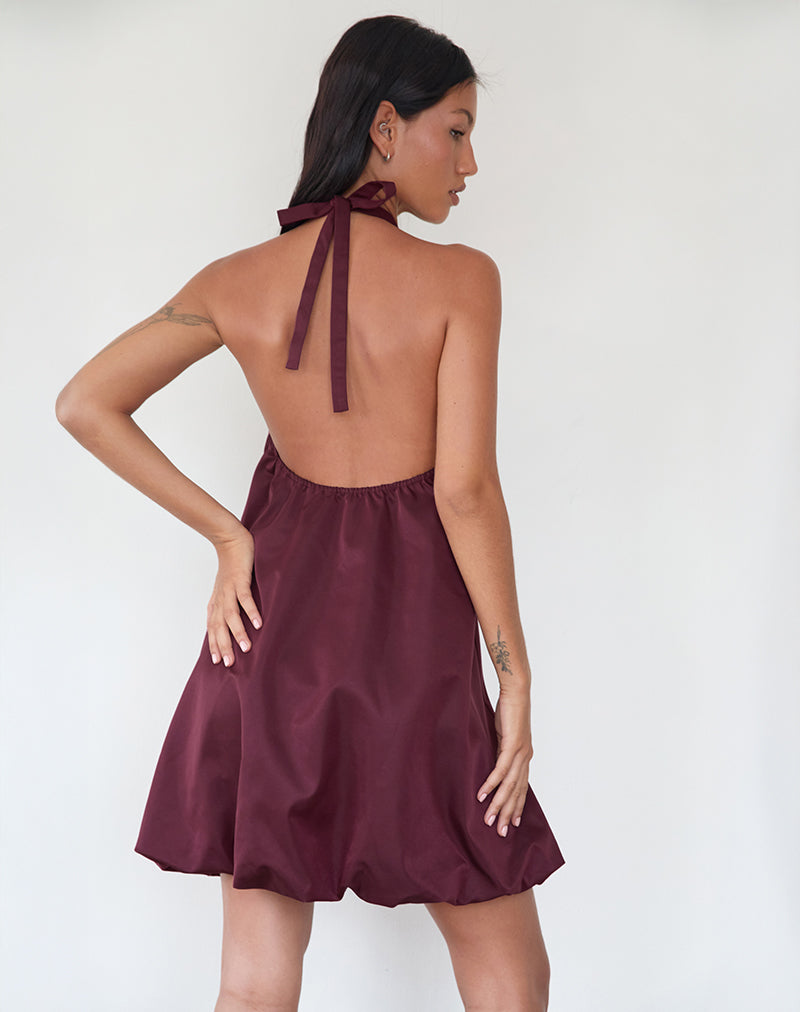 berry mini dress Yusna Puffball Mini Dress in Dark Berry , Halter Neck