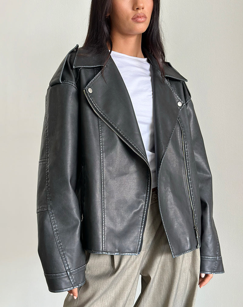 Black Distressed PU Biker Jacket | Zebbie – motelrocks-com-us