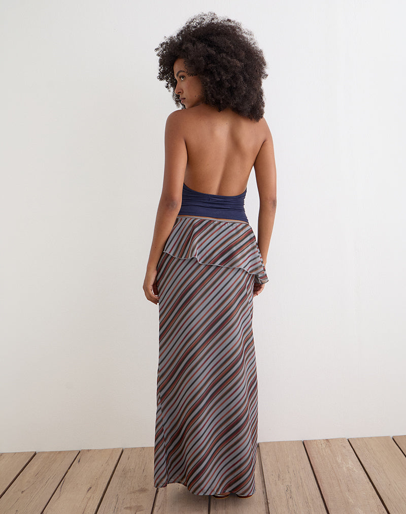 Grey and Maroon Chiffon Diagonal Stripe Maxi Skirt | Zelvia