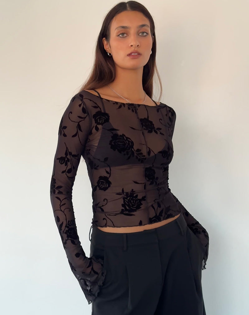 Flocked Lace Long-Sleeve Top Black, Tops & T-shirts