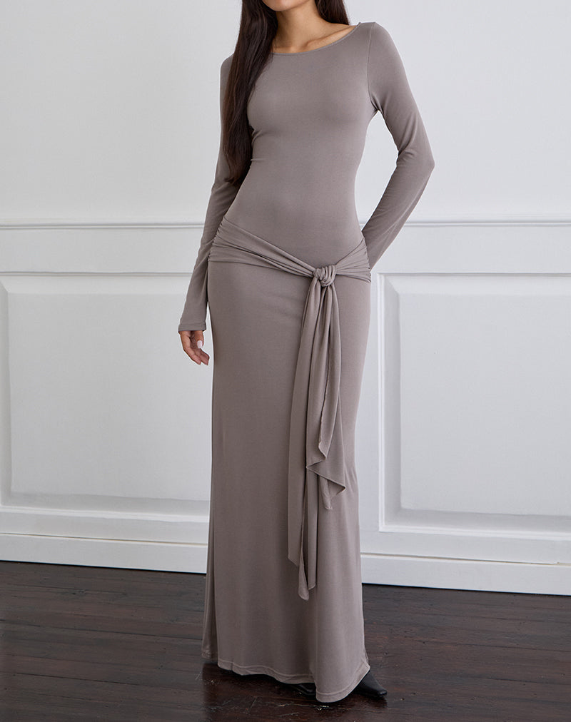 Motel Zeya Long Sleeve Maxi Dress with Tie Detail in Gray
