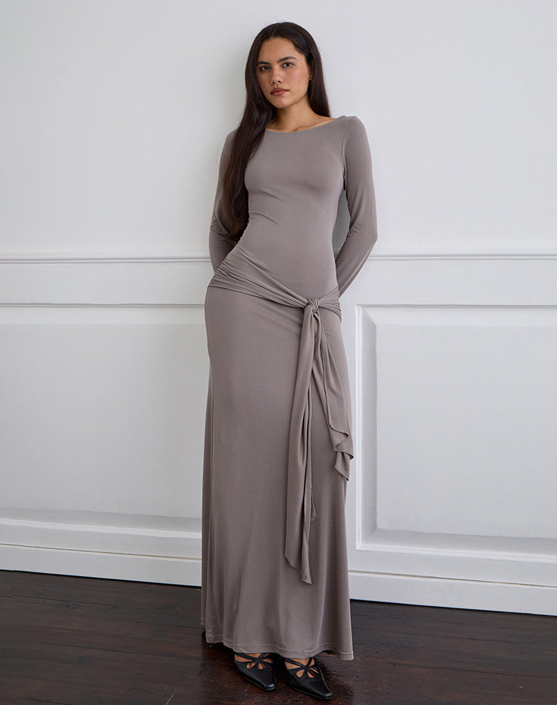 Motel Zeya long sleeve maxi dress with tie detail in gray