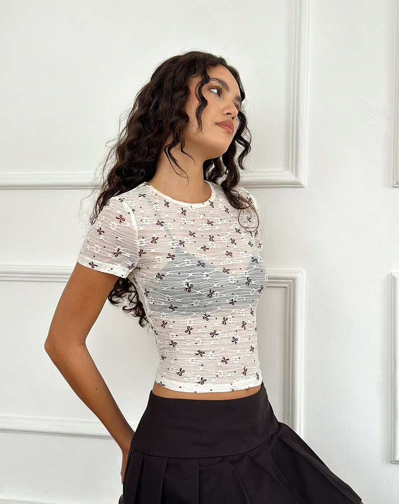 Ivory Lace Ribbon Print Unlined Top | Zorani – motelrocks-com-us