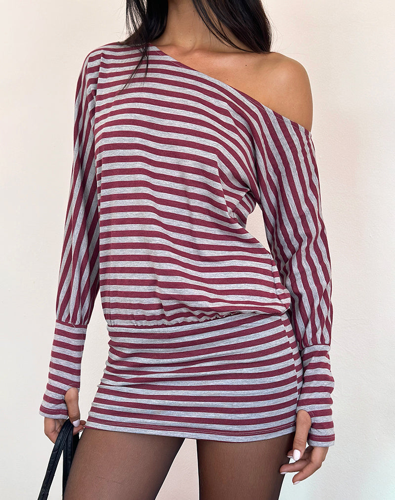 Grey and Burgundy Striped Mini Dress