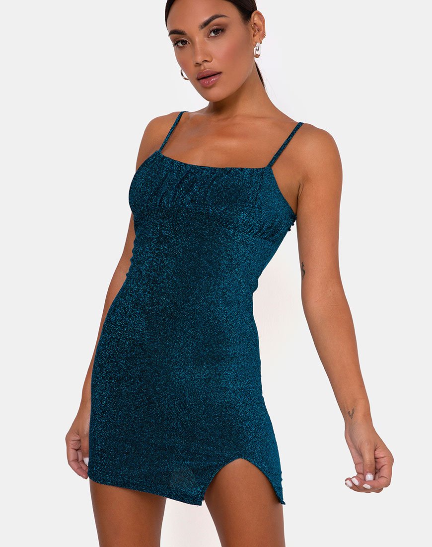 Strappy Blue Sapphire Glitter Mini Dress | Alene  motelrocks-com-us