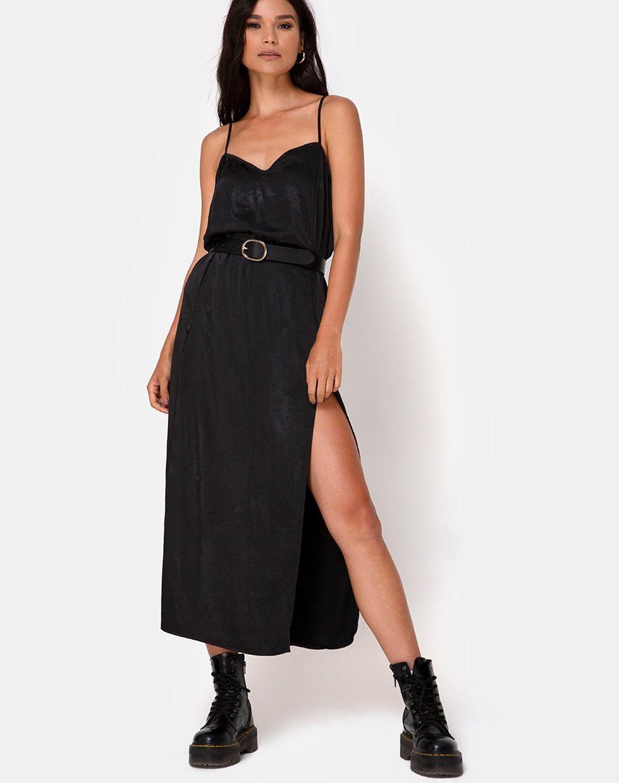 black satin midi dress with slit Black Midi Satin Dress