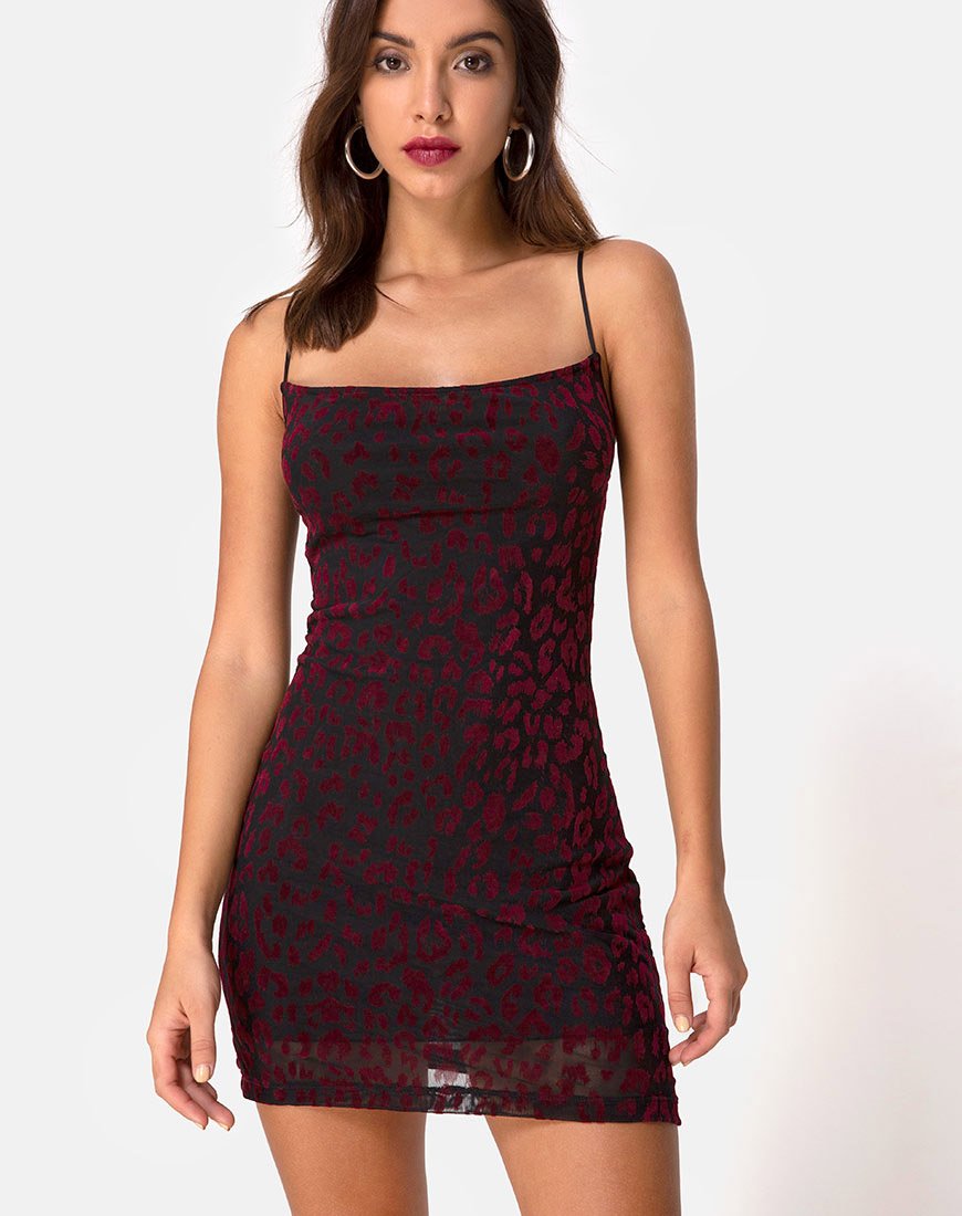 red leopard print mini dress Cowl Mini Black Leopard Red Dress