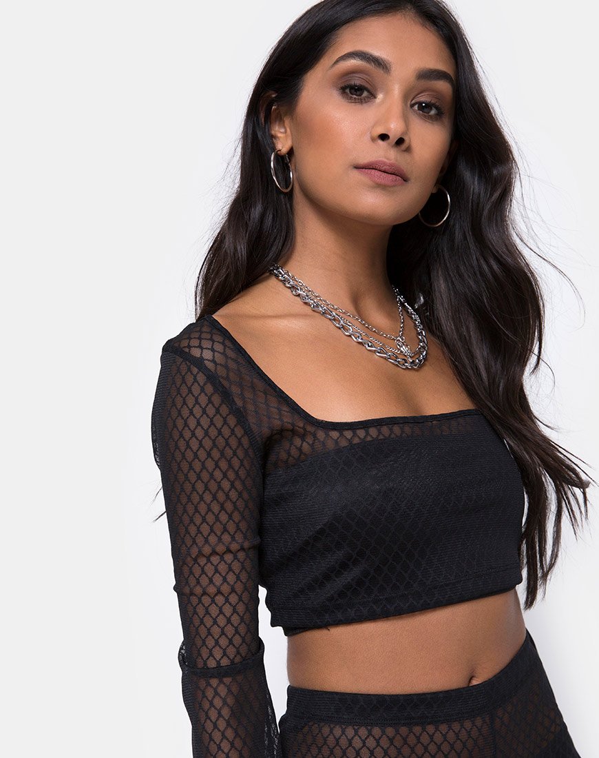 Black fishnet crop cheap top long sleeve