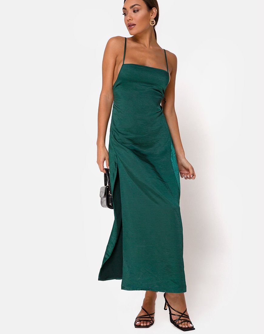 Strappy Dark Green Satin Midi Dress | Bonita – motelrocks-com-us