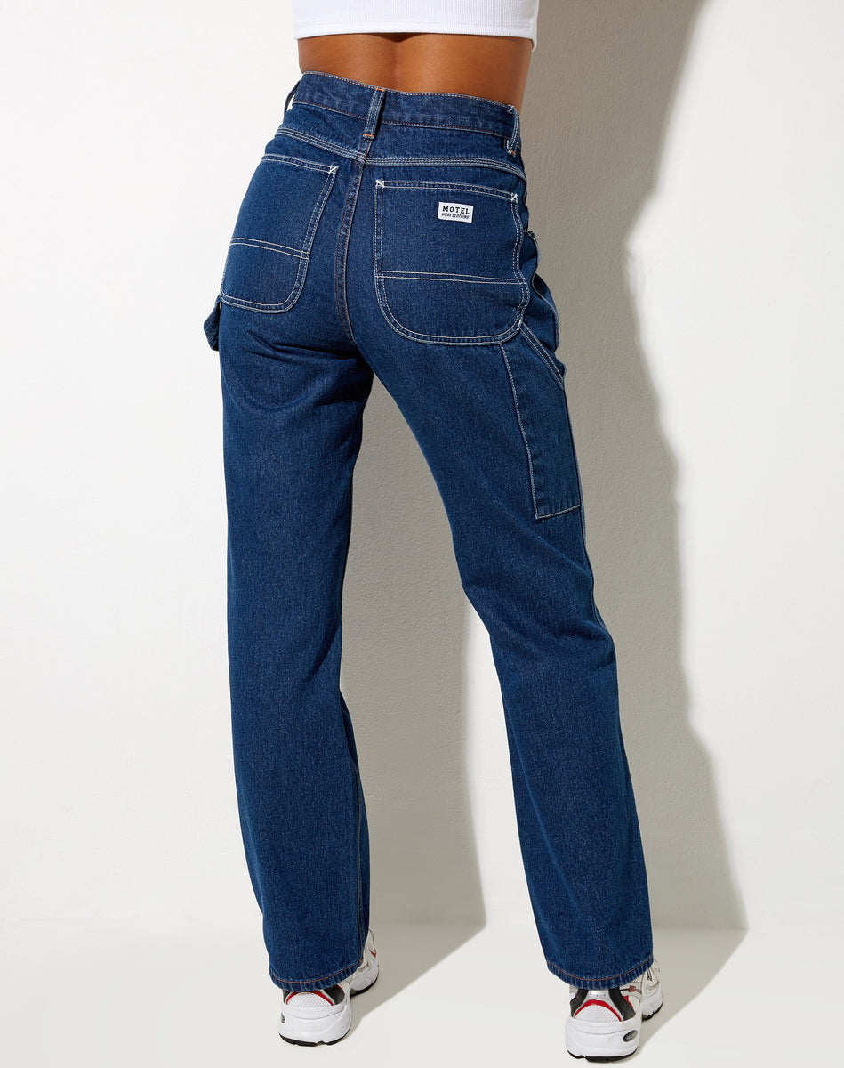 【惜譲3】COMOLI carpenter's indigo blue Dark Blue High Waisted Straight Wide Leg Jeans | Carpenter