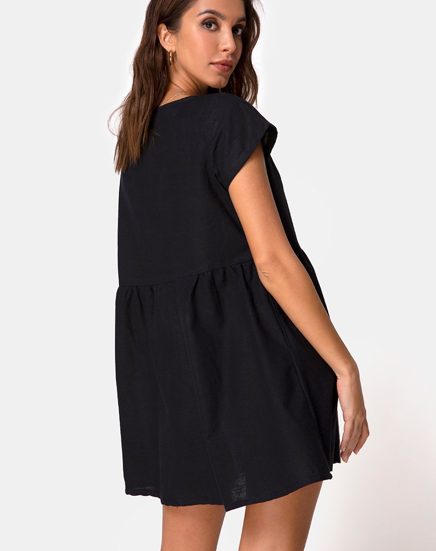 black and white mini dress formal Miss Circle Women Heather Black Collared Decorative Button-Front Mini Dress main image 0
