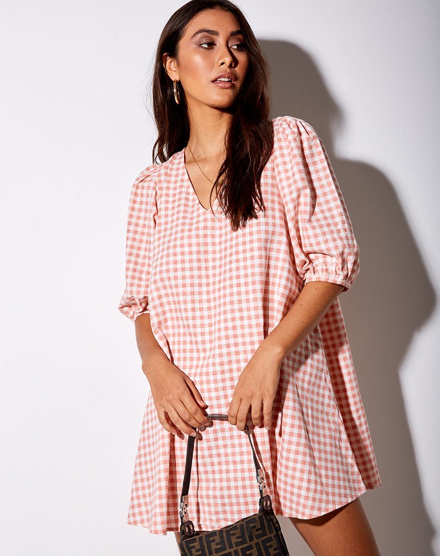 3/4 Sleeve Pink and White Check Babydoll Dress