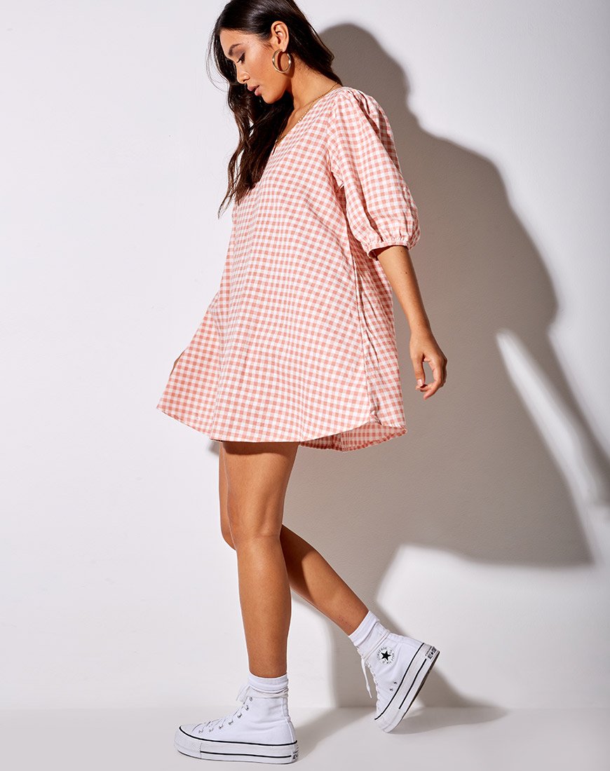 pink and white pattern dress Pink Floral Pattern Cotton V-Neck Mini Dress - All Dresses