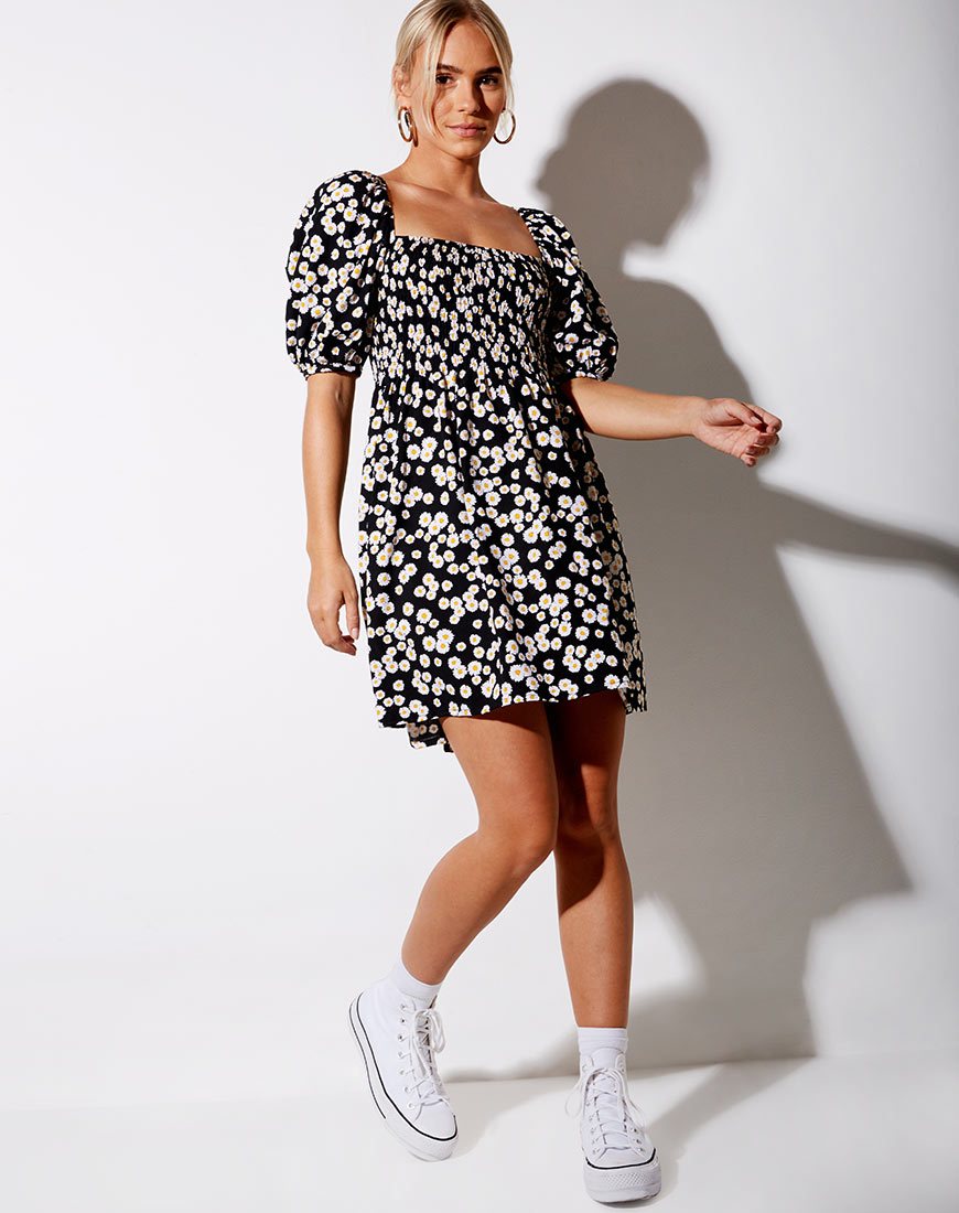 black and white babydoll dress ASOS DESIGN babydoll smock dress with puff sleeve in black gingham