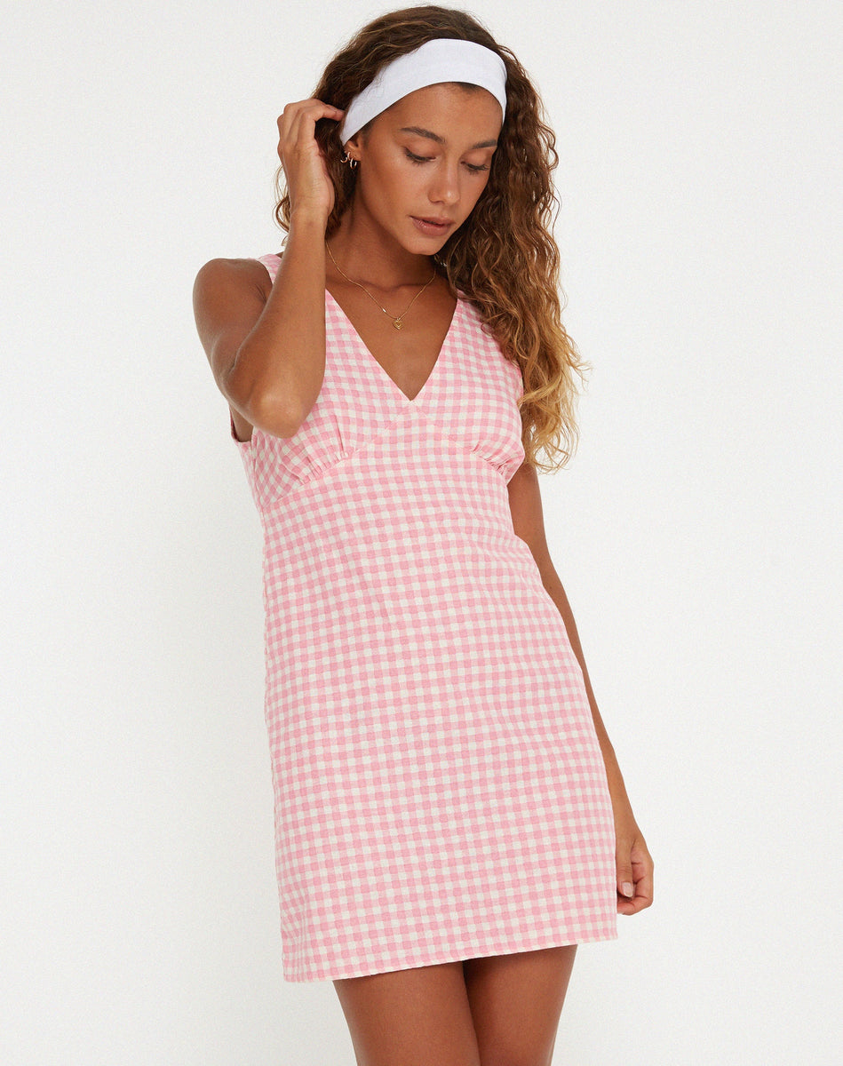 ann summers pink gingham dress ASTR The Label Pink Cotton Gingham Halter Midi Dress