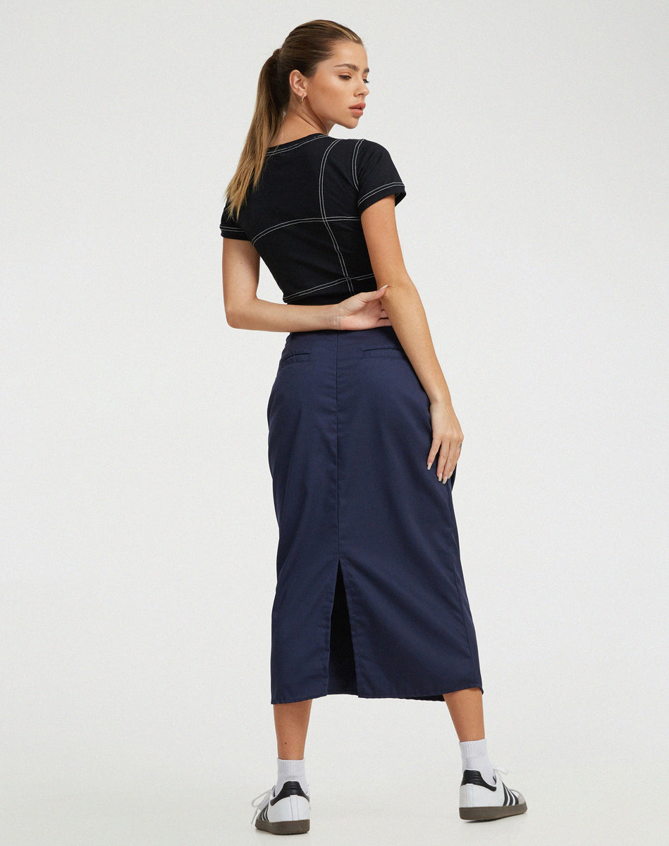 Dark Blue Toggle Detail Midi Skirt | Enore – motelrocks-com-us