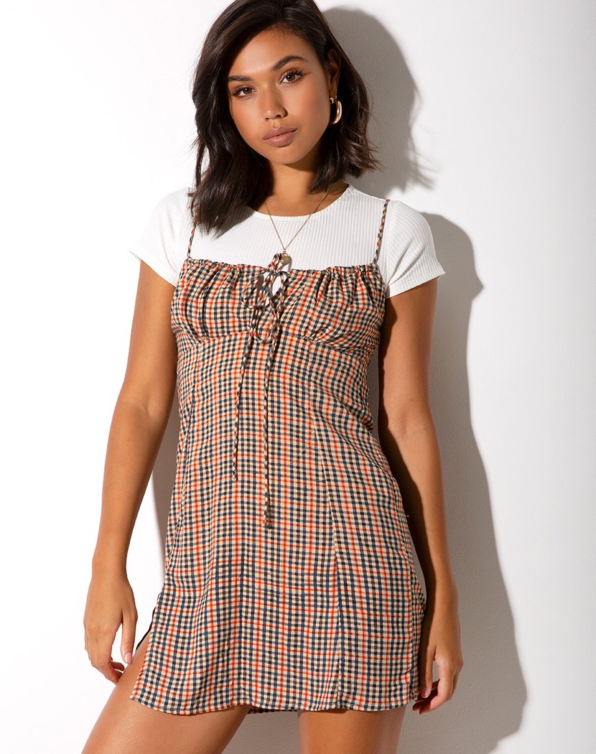 Strappy Red and Brown Check Slip Dress