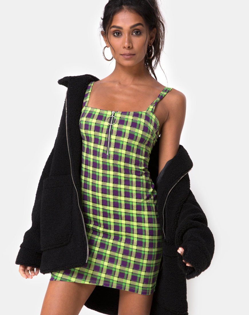 Farzi Bodycon Dress in Green and Purple Check Farzi Bodycon Dress in Green and Purple Check