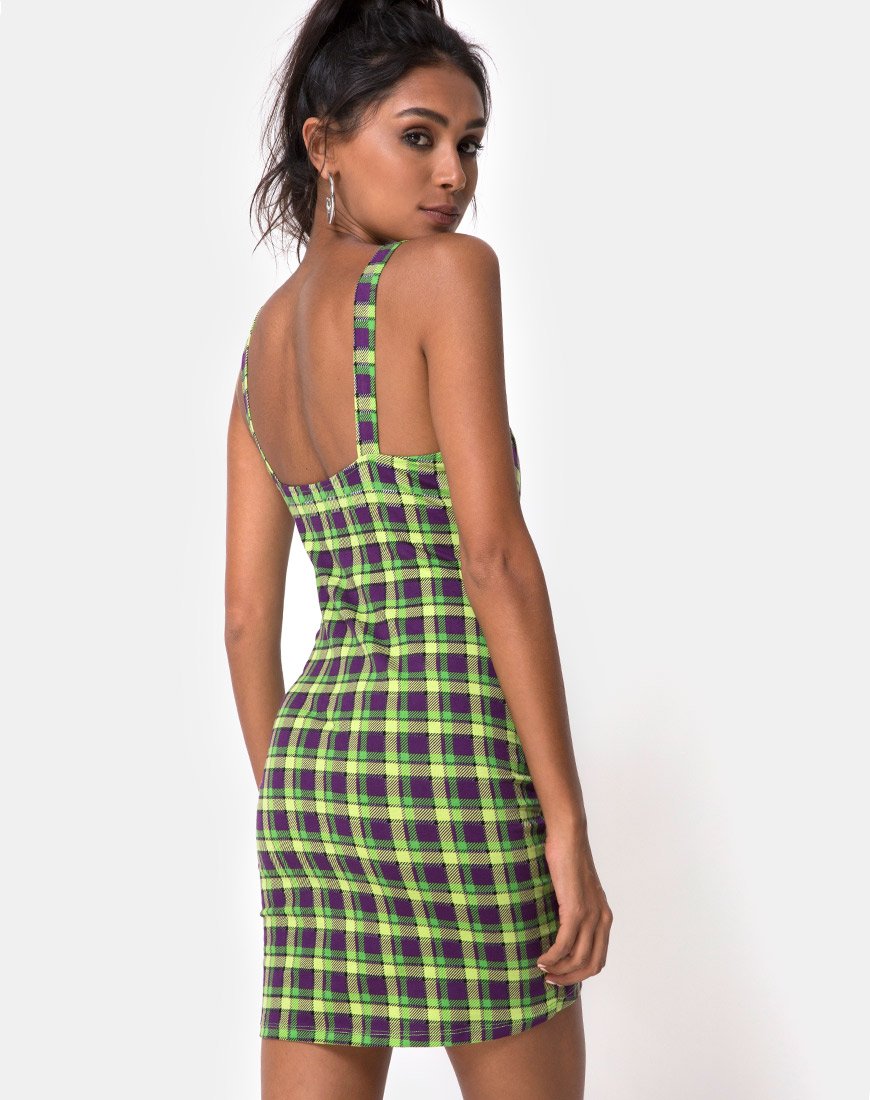 Farzi Bodycon Dress in Green and Purple Check Farzi Bodycon Dress in Green and Purple Check