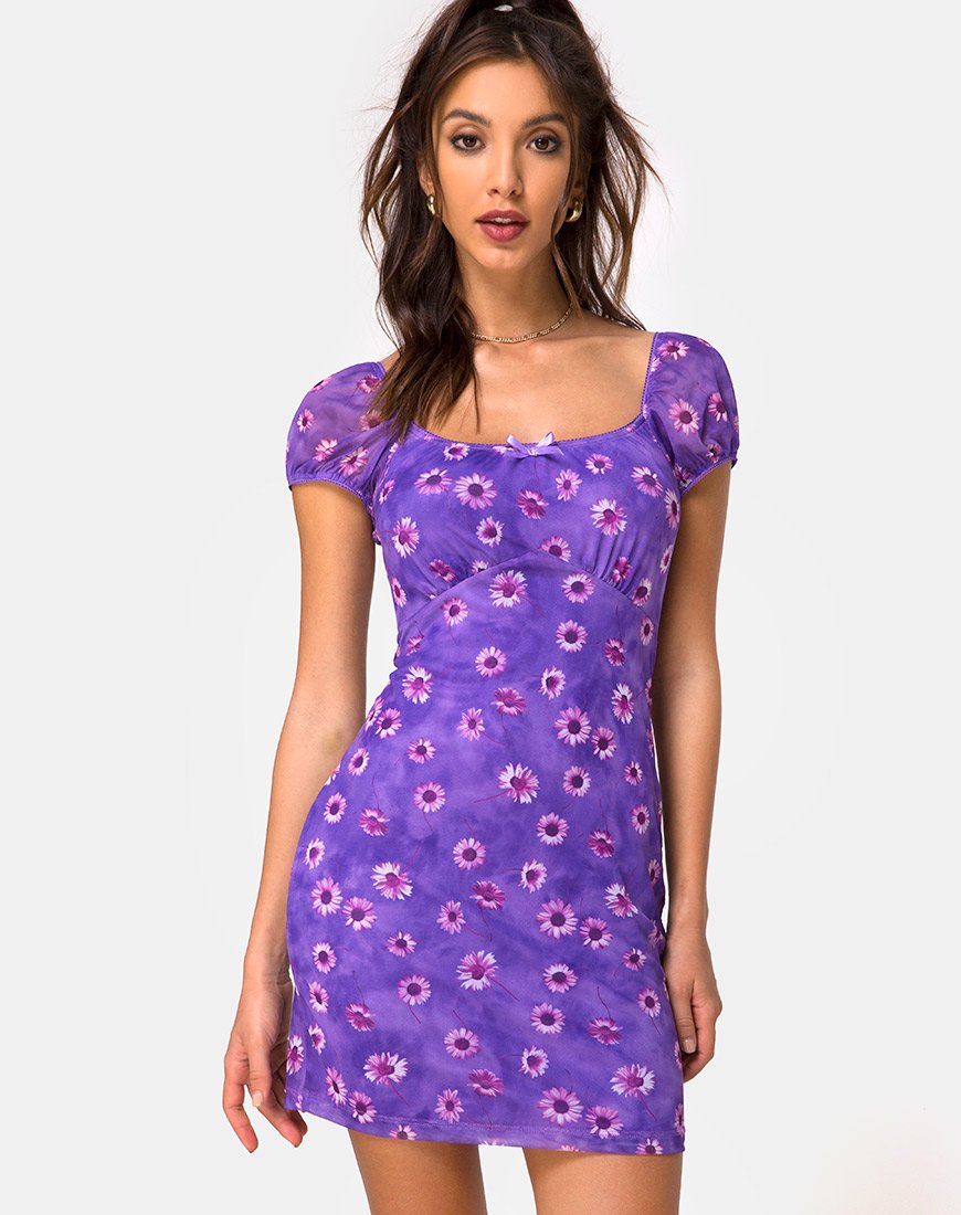 purple daisy print dress Vintage 1950s Purple Daisy Dress Size Small