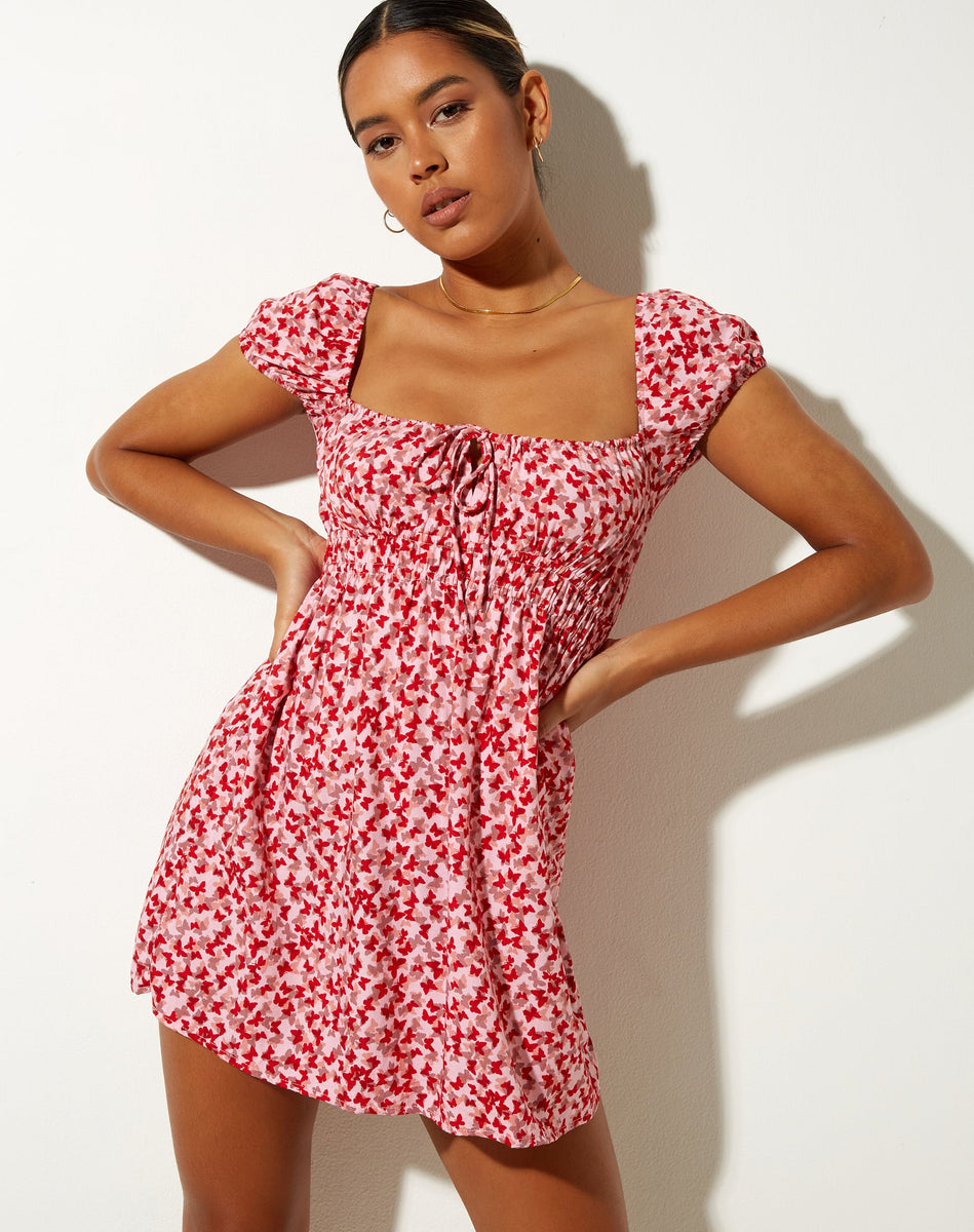 pink butterfly dress Galova Mini Dress in Ditsy Butterfly Peach and Red