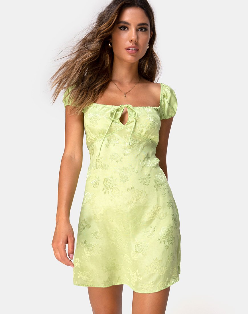 Short Sleeve Satin Rose Lime Mini Dress | Gaval – motelrocks-com-us