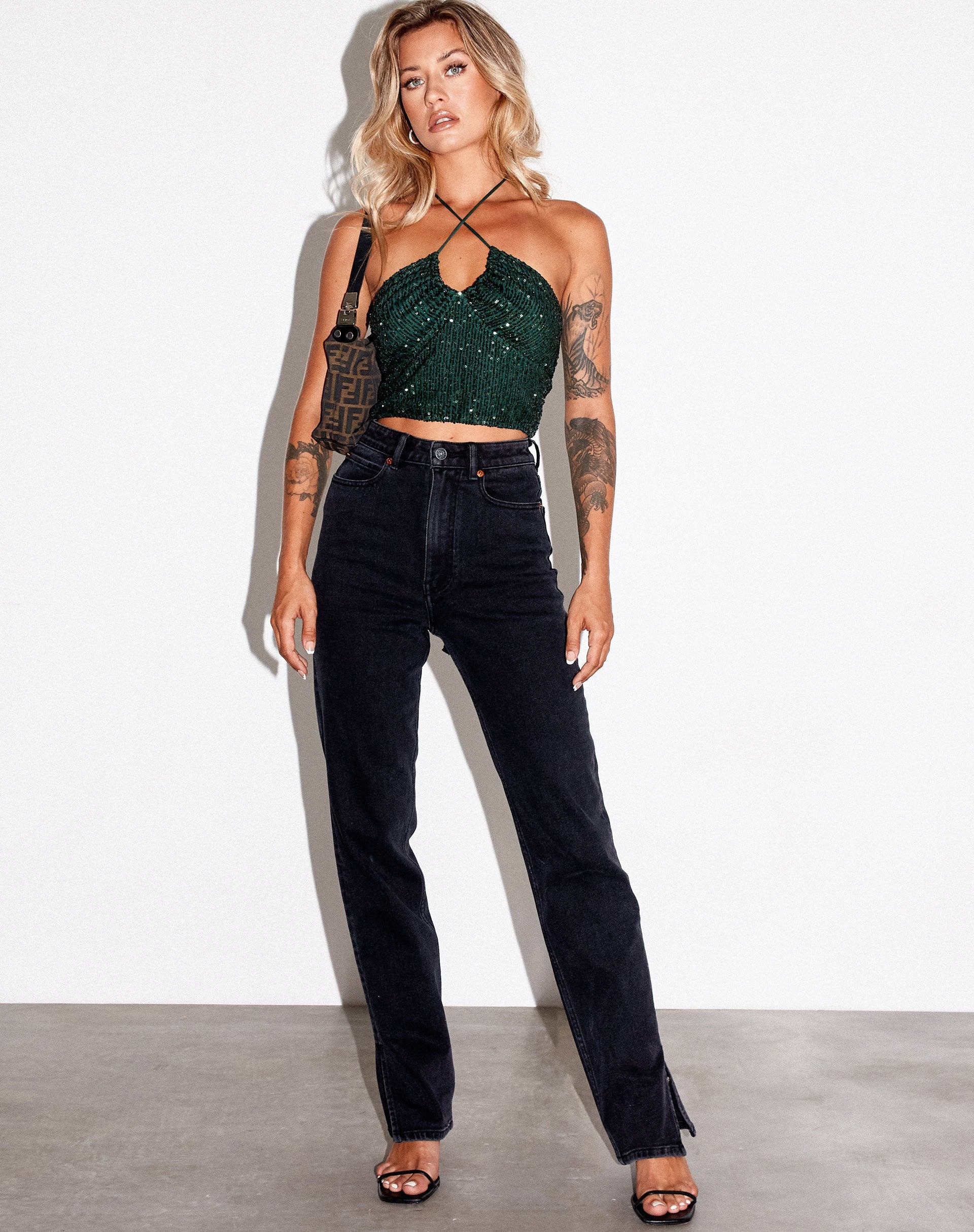Image of Haltri Crop Top in Drape Sequin Forest Green