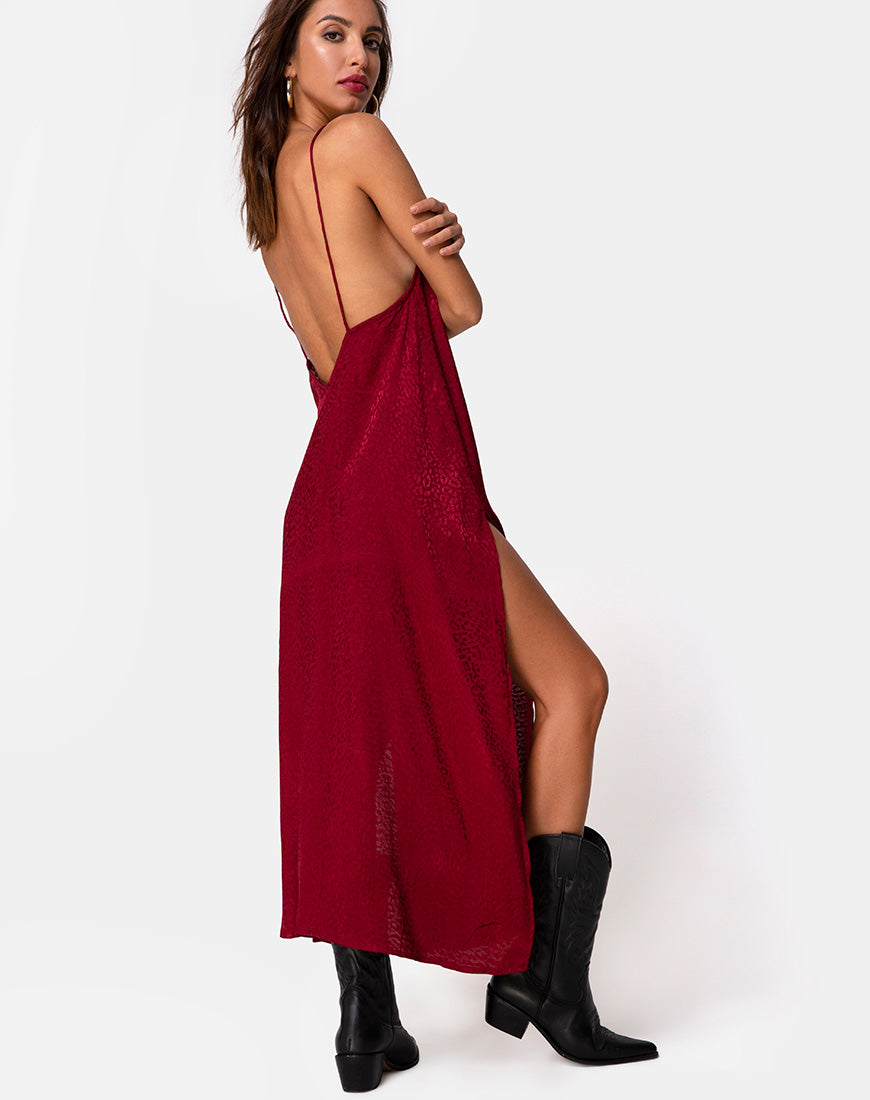 Red Satin Cheetah Maxi Dress