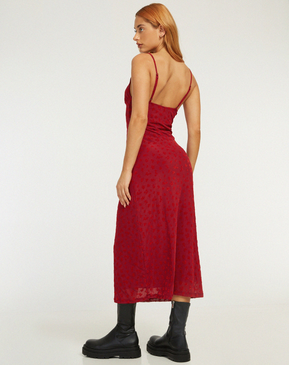 Red Lace V Neck Thin Strap Midi Dress