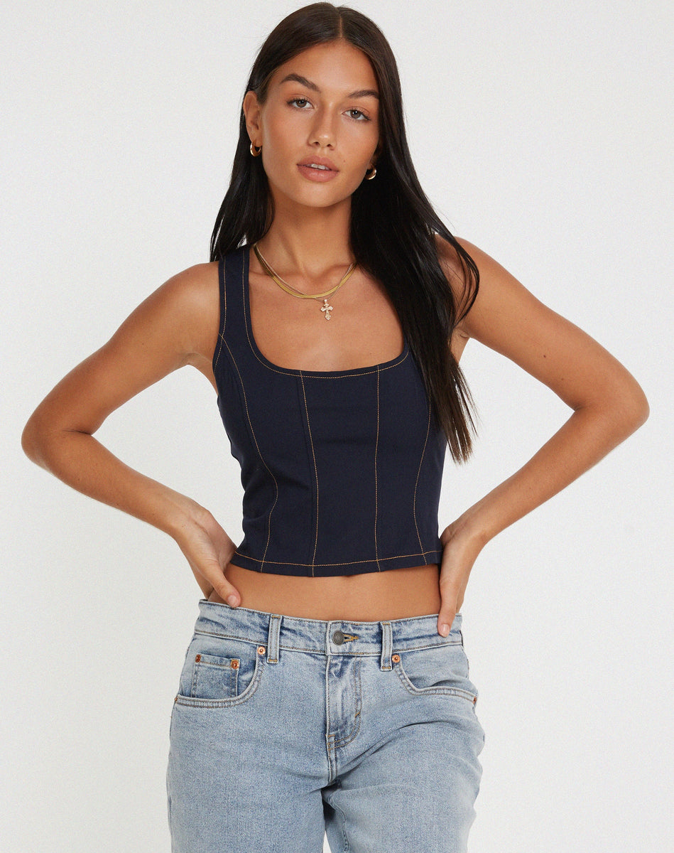 Navy Contrast Stitch Fitted Corset Top