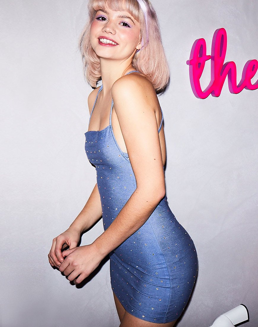 Kozue Dress in Blue Denim Hot Fix Kozue Dress in Blue Denim Hot Fix