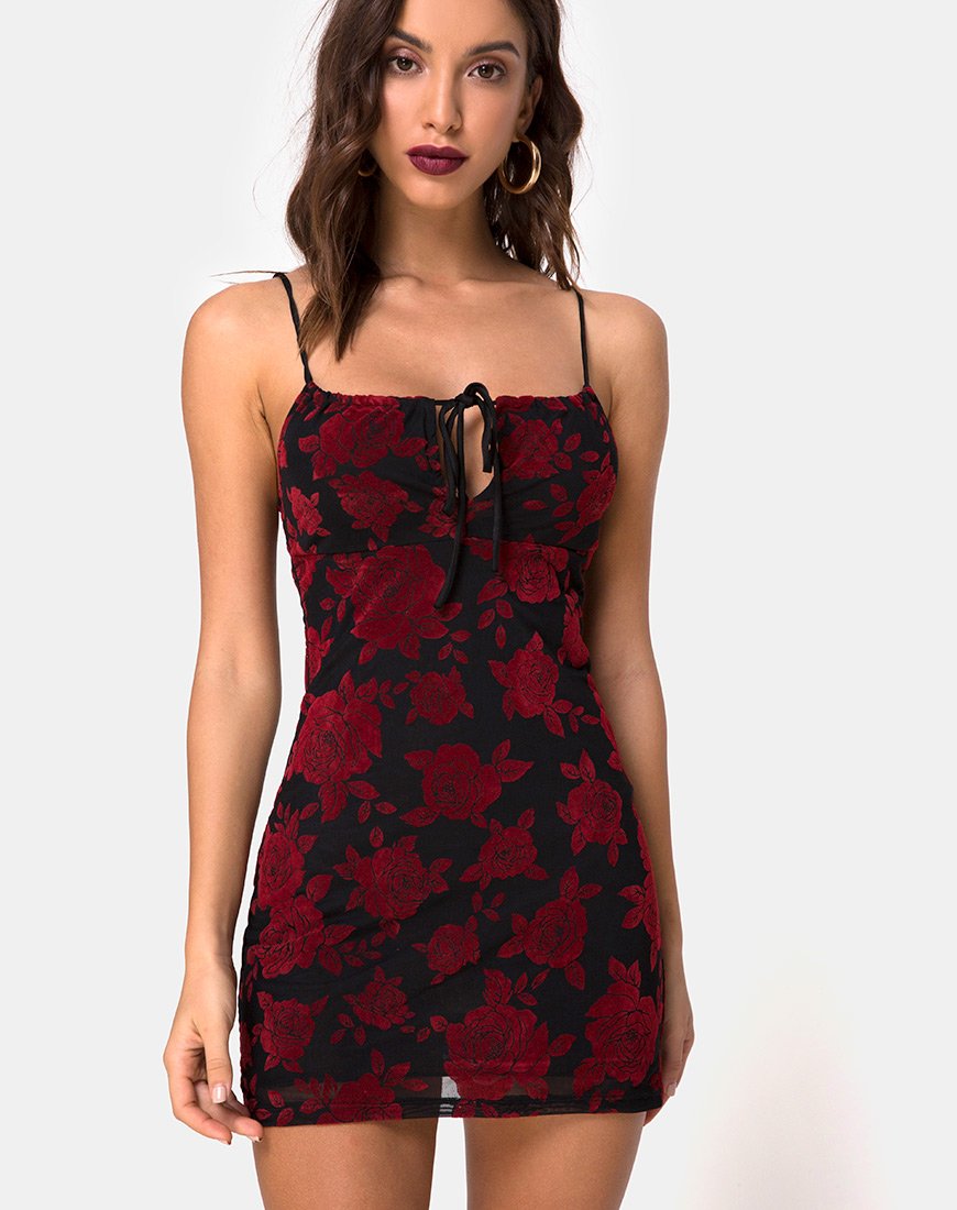 Kumin Bodycon Dress in Romantic Red Rose Flock Kumin Bodycon Dress in Romantic Red Rose Flock