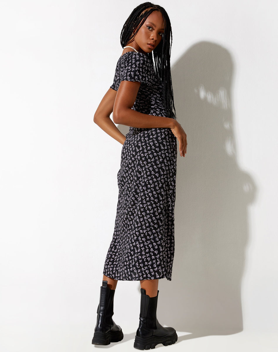 Short Sleeve Black Floral Print Midi Dress | Larin motelrocks-com-us Short Sleeve Black Floral Print Midi Dress | Larin motelrocks-com-us