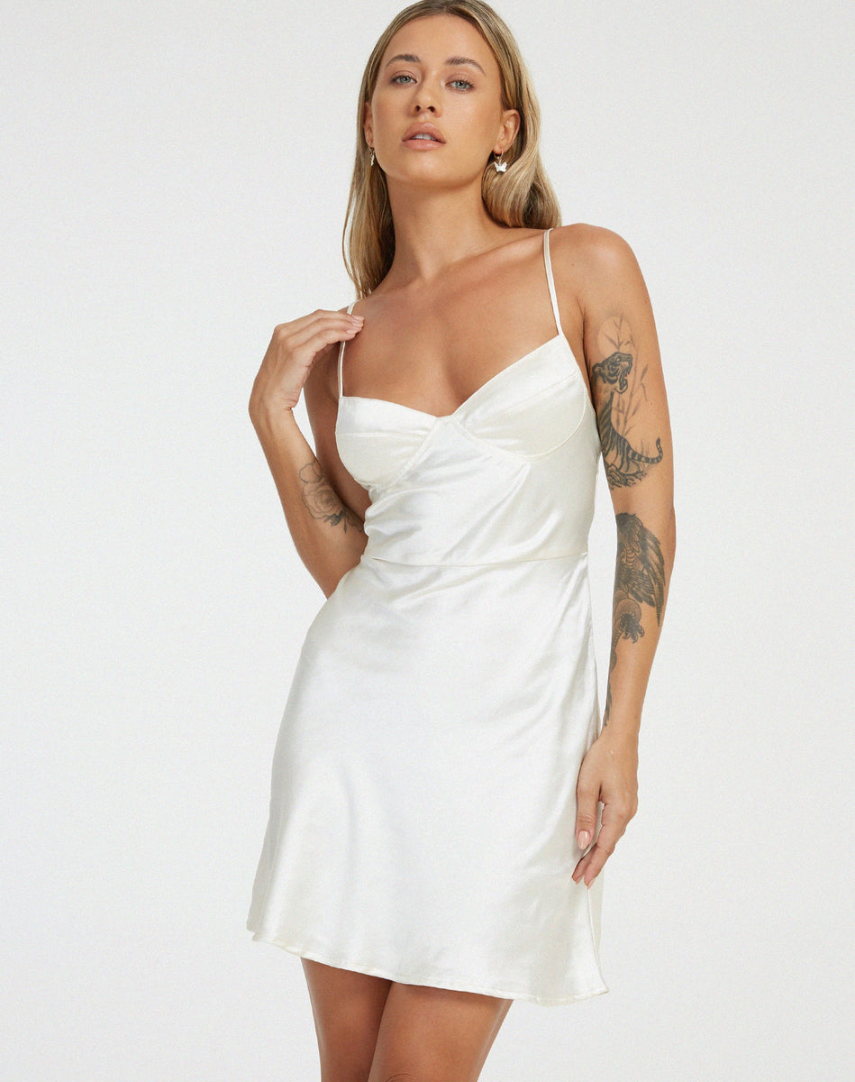 Ottilie White Satin Lace Cup Slip Dress