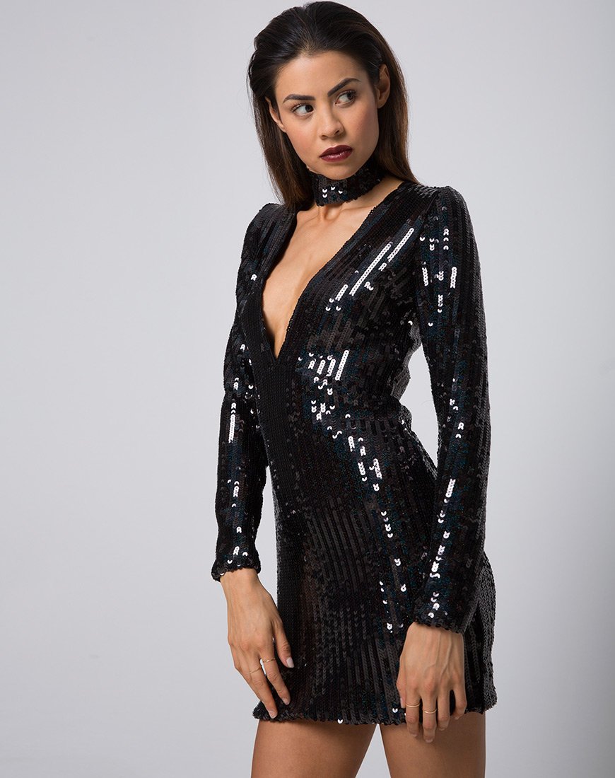 Meli Dress and Choker in Fishscale Sequin Black Iridescent motelrocks-com-us Meli Dress and Choker in Fishscale Sequin Black Iridescent motelrocks-com-us