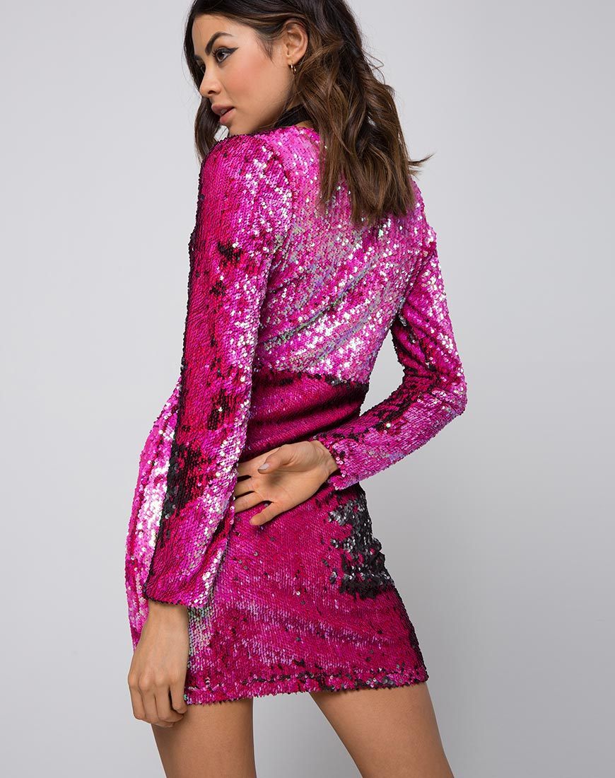 Meli Plunge Dress in Fishcale Sequin Pink motelrocks-com-us Meli Plunge Dress in Fishcale Sequin Pink motelrocks-com-us