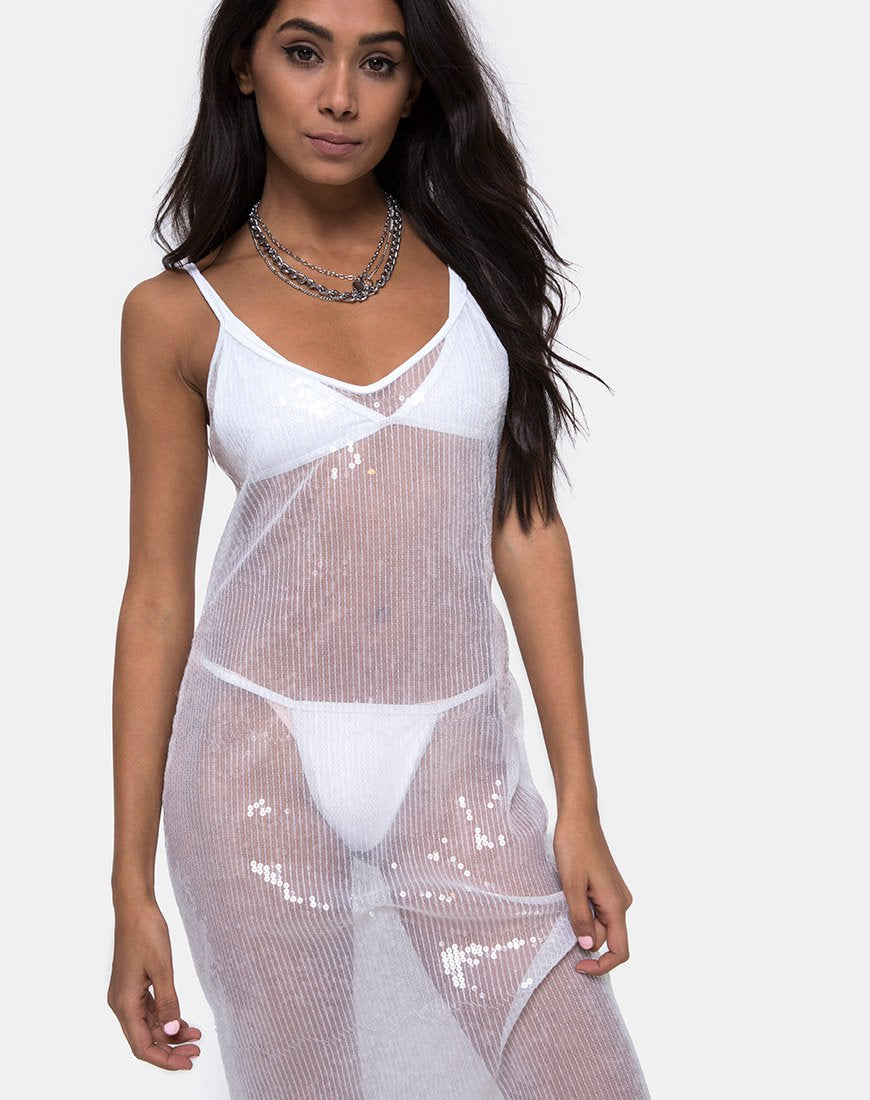 Sheer White Strappy Maxi Dress with Sequins
