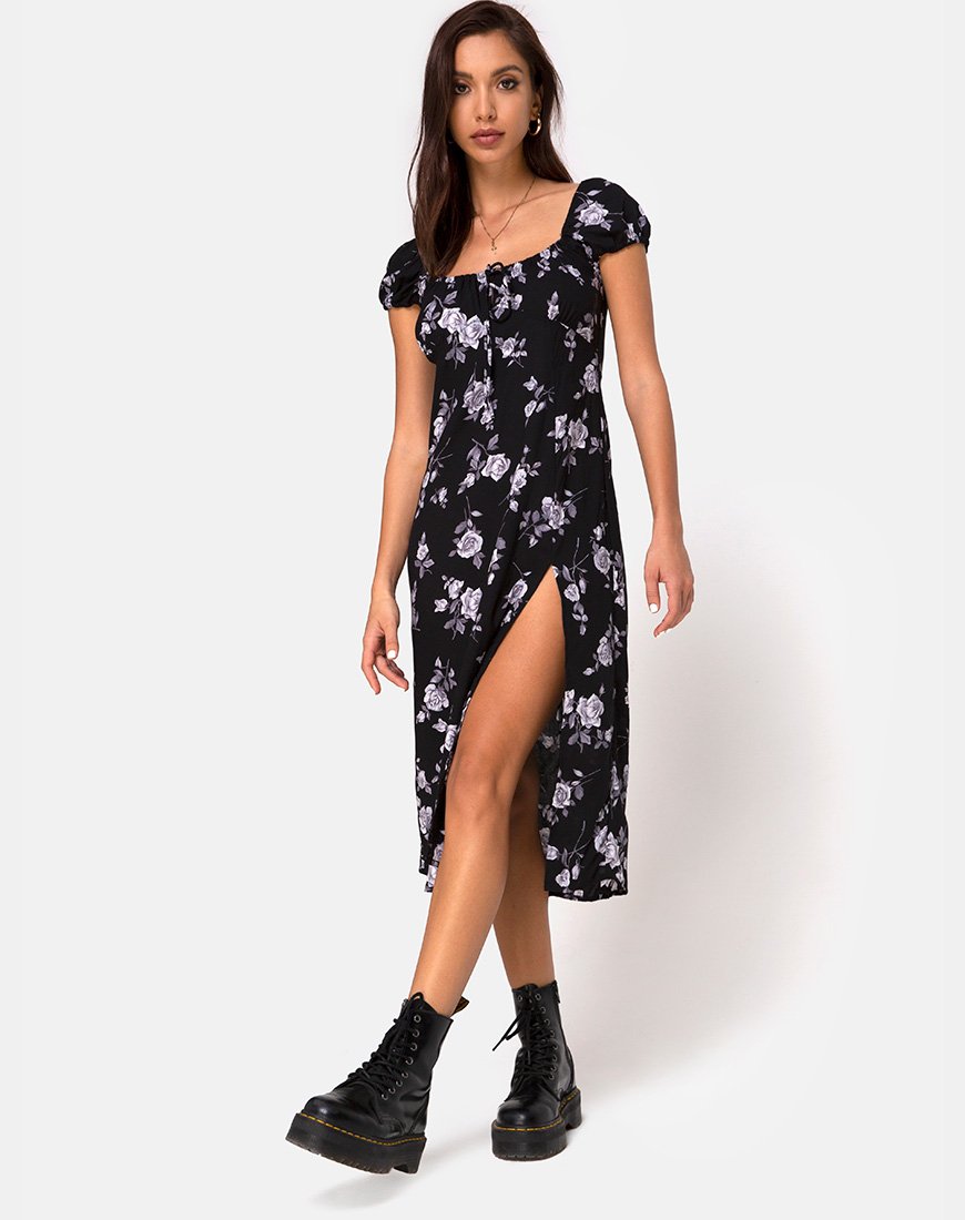 Midi Floral White Black Dress